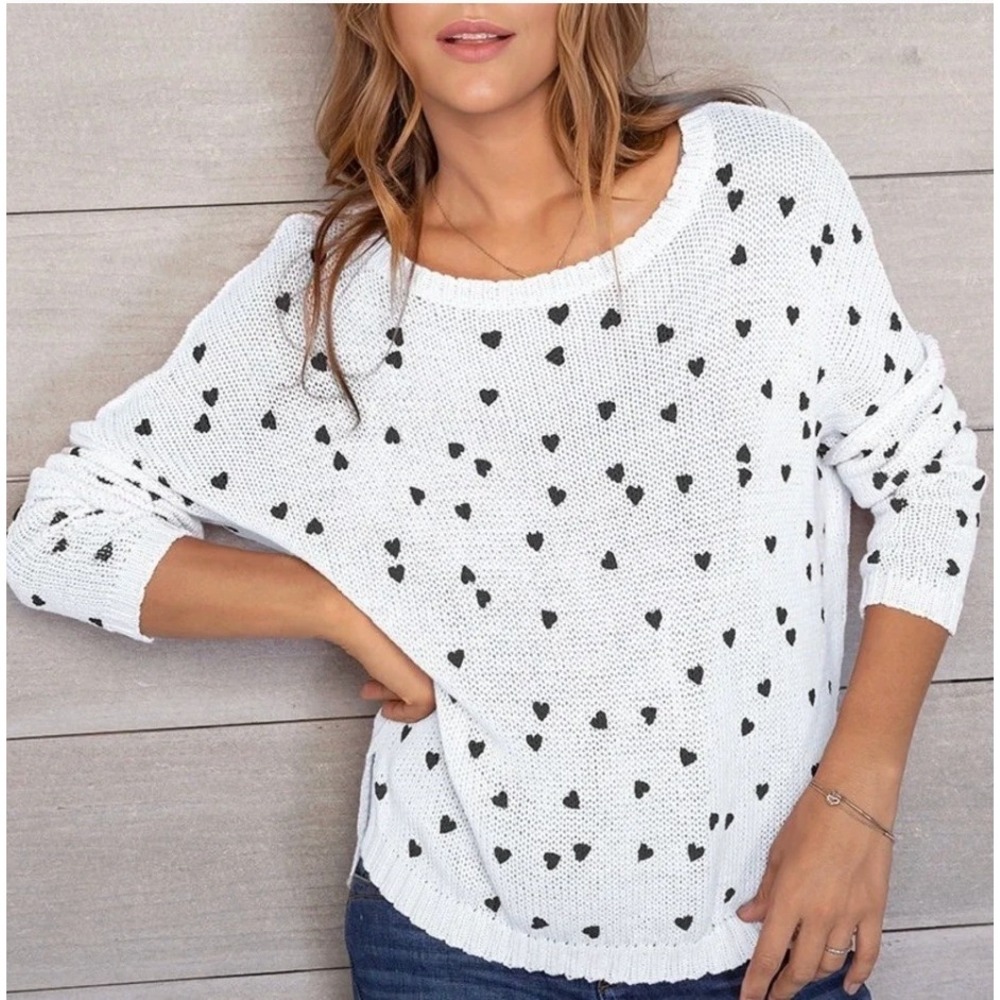 Wooden Ships Mini Hearts Printed Crew Breaker Sweater Cotton Open Knit Light